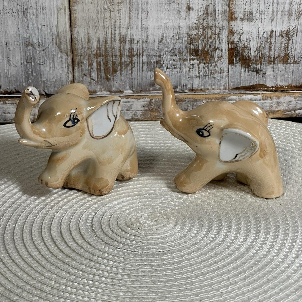 Vintage Peach Lusterware‎ Ceramic Elephant Figurines; 2 Elephant Figurines EVC